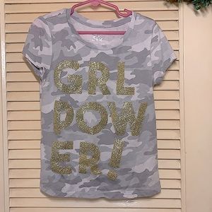 Girl’s Justice size 6 gray camouflage with gold glitter “GRL POW ER!” T-shirt.